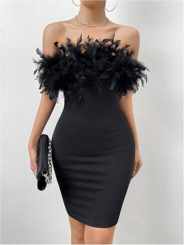 WDIRARA Women's Feather Tube Dress Cocktail Party Strapless Bodycon Mini Dresses in Kuwait