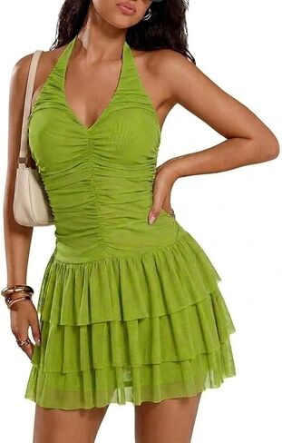 Ryehack Sexy Halter Mini Dress for Women Backless Ruched Bodycon V Neck Mesh Layered Flowy Summer Party Vacation Dress in Saudi Arabia