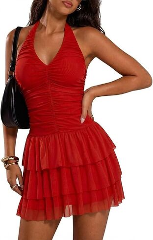 Ryehack Sexy Halter Mini Dress for Women Backless Ruched Bodycon V Neck Mesh Layered Flowy Summer Party Vacation Dress in Saudi Arabia
