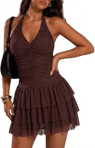 Ryehack Sexy Halter Mini Dress for Women Backless Ruched Bodycon V Neck Mesh Layered Flowy Summer Party Vacation Dress in Saudi Arabia