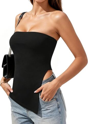 Tube Tops for Women, Trendy Summer Strapless Going Out Top Asymmetrical Split Hem Bandeau Bustier Shirt 2026 in Saudi Arabia