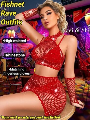 Rave Outfits for Women Festival,Glitter Rhinestone Fishnet Skirt Set,Sexy Mesh Swimsuit Cover Up Pool Party Outfit,Sexy Lingerie Set Bodysuit For Women in Saudi Arabia