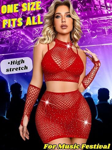 Rave Outfits for Women Festival,Glitter Rhinestone Fishnet Skirt Set,Sexy Mesh Swimsuit Cover Up Pool Party Outfit,Sexy Lingerie Set Bodysuit For Women in Saudi Arabia
