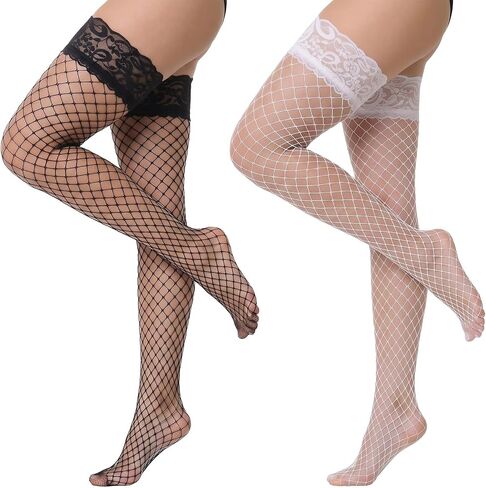 2 Pair Women's Lace Top Fishnet Thigh High Stockings Sheer Tights Exotic Hosiery with Antiskid Silicone Pantyhose in Saudi Arabia