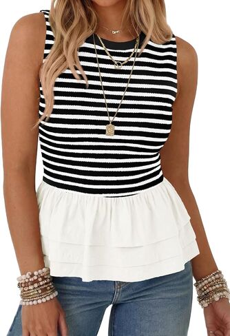 Tankaneo Womens Summer Striped Peplum Tank Tops Casual Crew Neck Sleeveless Shirts Color Block Loose Fit Ruffle Blouse in Kuwait