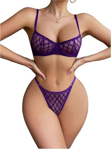SOLY HUX Women's Sheer Mesh Sexy Lingerie See Through Underwire Bra and Panty 2 Piece Underwear Set in Kuwait