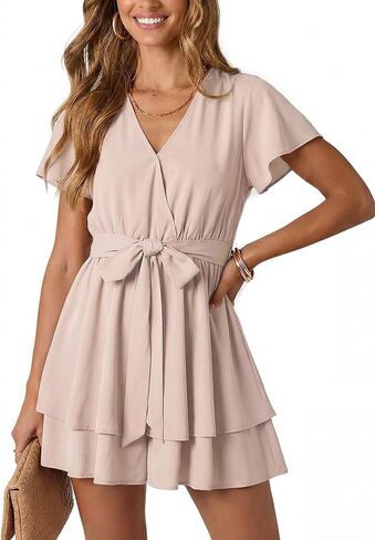 YOINS Rompers for Women Summer Short Sleeve Tie Front Double Layer Ruffle Flowy Sexy Dressy Jumpsuit Outfit with Pockets in Saudi Arabia