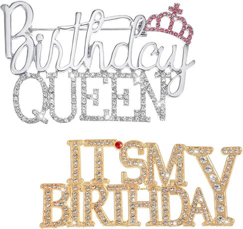 2 Pcs It's My Birthday Rhinestone Queen Brooches Birthday Brooch Zinc Alloy Happy Birthdays Brooches Badge Pin Button Rhinestone Crown Lapel Brooch for Birthdays Party Decoration in Kuwait