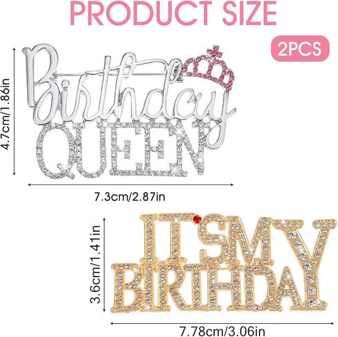 2 Pcs It's My Birthday Rhinestone Queen Brooches Birthday Brooch Zinc Alloy Happy Birthdays Brooches Badge Pin Button Rhinestone Crown Lapel Brooch for Birthdays Party Decoration in Kuwait