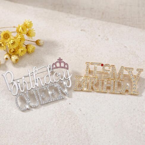 2 Pcs It's My Birthday Rhinestone Queen Brooches Birthday Brooch Zinc Alloy Happy Birthdays Brooches Badge Pin Button Rhinestone Crown Lapel Brooch for Birthdays Party Decoration in Kuwait