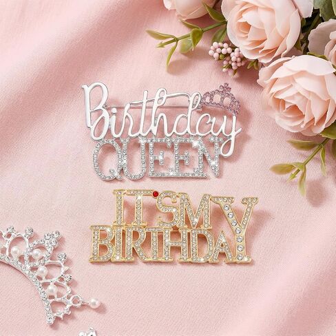 2 Pcs It's My Birthday Rhinestone Queen Brooches Birthday Brooch Zinc Alloy Happy Birthdays Brooches Badge Pin Button Rhinestone Crown Lapel Brooch for Birthdays Party Decoration in Kuwait