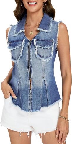 Ladyful Womens Sleeveless Frayed Denim Vest V Neck Lapel Jean Vest Tops Zip Ruffle Hem 2026 Country Concert Denim Waistcoat in Kuwait
