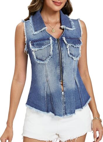 Ladyful Womens Sleeveless Frayed Denim Vest V Neck Lapel Jean Vest Tops Zip Ruffle Hem 2026 Country Concert Denim Waistcoat in Kuwait