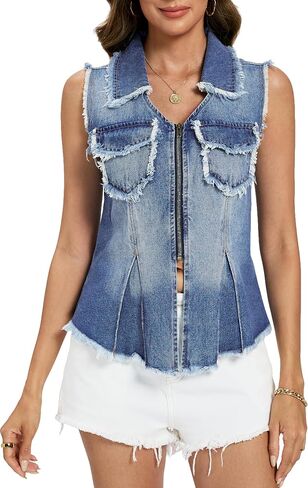 Ladyful Womens Sleeveless Frayed Denim Vest V Neck Lapel Jean Vest Tops Zip Ruffle Hem 2026 Country Concert Denim Waistcoat in Kuwait