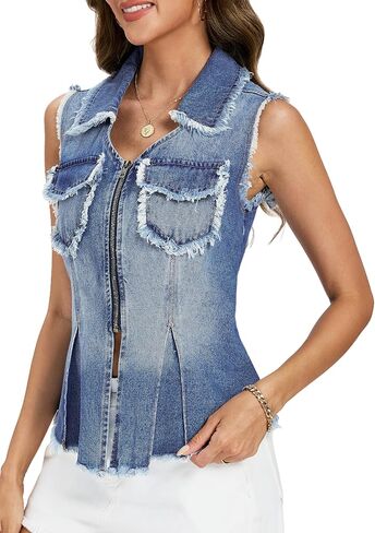 Ladyful Womens Sleeveless Frayed Denim Vest V Neck Lapel Jean Vest Tops Zip Ruffle Hem 2026 Country Concert Denim Waistcoat in Kuwait