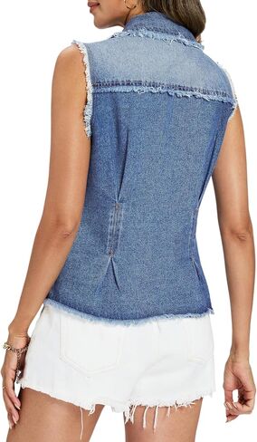 Ladyful Womens Sleeveless Frayed Denim Vest V Neck Lapel Jean Vest Tops Zip Ruffle Hem 2026 Country Concert Denim Waistcoat in Kuwait