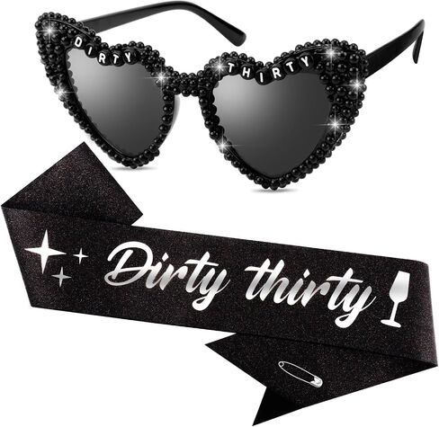 KICOSY Dirty Thirty 30th Birthday Sash and Sunglasses Set, Black Heart Sunglasses with Dirty Thirty Glitter Sash, 30th Birthday Accessories Decorations for Women in Kuwait