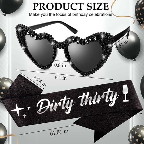 KICOSY Dirty Thirty 30th Birthday Sash and Sunglasses Set, Black Heart Sunglasses with Dirty Thirty Glitter Sash, 30th Birthday Accessories Decorations for Women in Kuwait