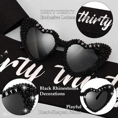 KICOSY Dirty Thirty 30th Birthday Sash and Sunglasses Set, Black Heart Sunglasses with Dirty Thirty Glitter Sash, 30th Birthday Accessories Decorations for Women in Kuwait
