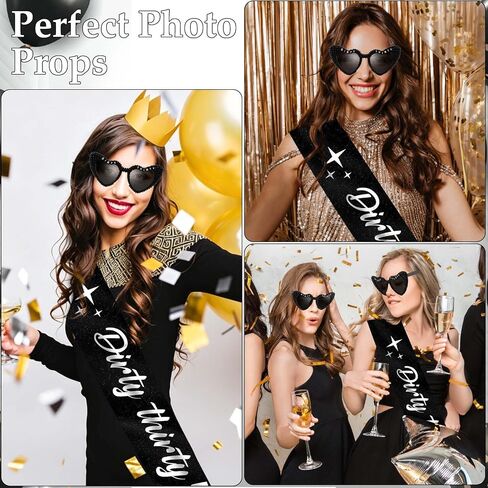 KICOSY Dirty Thirty 30th Birthday Sash and Sunglasses Set, Black Heart Sunglasses with Dirty Thirty Glitter Sash, 30th Birthday Accessories Decorations for Women in Kuwait