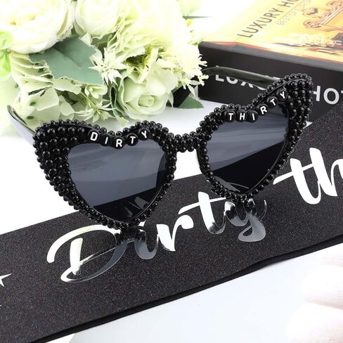 KICOSY Dirty Thirty 30th Birthday Sash and Sunglasses Set, Black Heart Sunglasses with Dirty Thirty Glitter Sash, 30th Birthday Accessories Decorations for Women in Kuwait