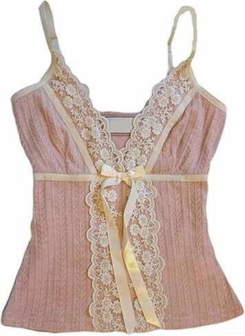 Women Y2K Tank Top Vintage Lace Trim V-Neck Slim Cami Crop Top Preppy Going Out Coquette Clothes in Saudi Arabia