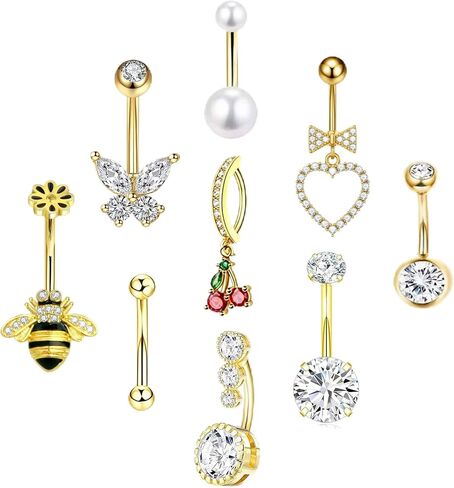 Suotarn 9Pcs Belly Button Ring - Surgical Stainless Steel CZ Belly Rings Clicker Belly Piercings for Women Navel Piercing Jewelry Pack Cherry heart butterfly Small Belly Piercing in Saudi Arabia