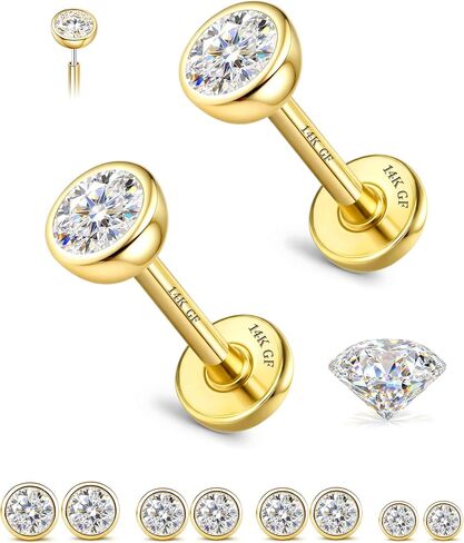 GEMQUEEN 8 PCS Moissanite Nose Studs Flat Back Earrings Hypoallergenic : 14K Gold Plated Stainless Steel Nose Rings 20G Push in Threadless Lip Cartilage Helix Conch Piercing Jewelry for Women Men in Saudi Arabia