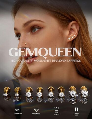GEMQUEEN 8 PCS Moissanite Nose Studs Flat Back Earrings Hypoallergenic : 14K Gold Plated Stainless Steel Nose Rings 20G Push in Threadless Lip Cartilage Helix Conch Piercing Jewelry for Women Men in Saudi Arabia