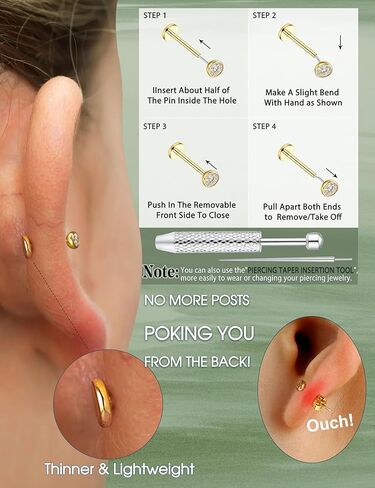 GEMQUEEN 8 PCS Moissanite Nose Studs Flat Back Earrings Hypoallergenic : 14K Gold Plated Stainless Steel Nose Rings 20G Push in Threadless Lip Cartilage Helix Conch Piercing Jewelry for Women Men in Saudi Arabia