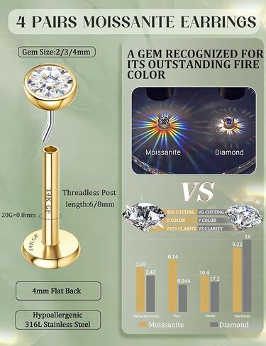 GEMQUEEN 8 PCS Moissanite Nose Studs Flat Back Earrings Hypoallergenic : 14K Gold Plated Stainless Steel Nose Rings 20G Push in Threadless Lip Cartilage Helix Conch Piercing Jewelry for Women Men in Saudi Arabia