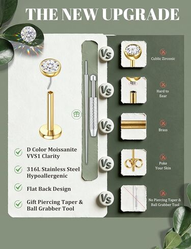 GEMQUEEN 8 PCS Moissanite Nose Studs Flat Back Earrings Hypoallergenic : 14K Gold Plated Stainless Steel Nose Rings 20G Push in Threadless Lip Cartilage Helix Conch Piercing Jewelry for Women Men in Saudi Arabia