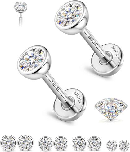 GEMQUEEN 8 PCS Moissanite Nose Studs Flat Back Earrings Hypoallergenic : 14K Gold Plated Stainless Steel Nose Rings 20G Push in Threadless Lip Cartilage Helix Conch Piercing Jewelry for Women Men in Saudi Arabia