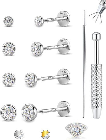 GEMQUEEN 8 PCS Moissanite Nose Studs Flat Back Earrings Hypoallergenic : 14K Gold Plated Stainless Steel Nose Rings 20G Push in Threadless Lip Cartilage Helix Conch Piercing Jewelry for Women Men in Saudi Arabia
