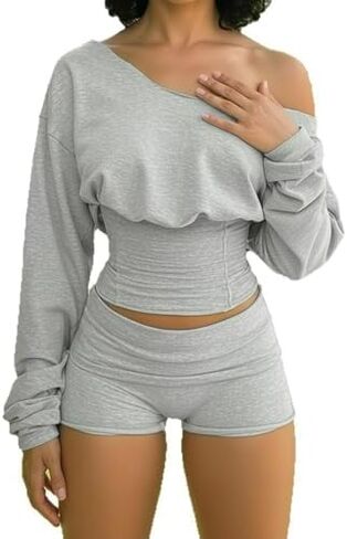 Gray Off The Shoulder Crop Tops Cinched Waist Long Sleeve Shirts Fold Over Casual Shorts Two Piece Sets in Saudi Arabia