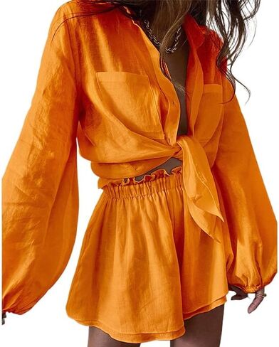 Women's Open Front Bow top, Flared Shorts Set, Casual and Fashionable Solid Color 2-Piece Set, Long Sleeved Set in Saudi Arabia