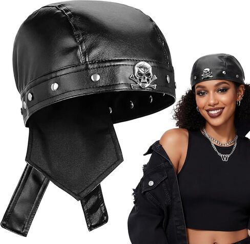 Glitopper Leather Biker Skull Cap for Women, PU Adjustable Motorcycle Doo Rag Head Wrap with Snug Fit, Stylish Punk Biker Hat Black in Kuwait