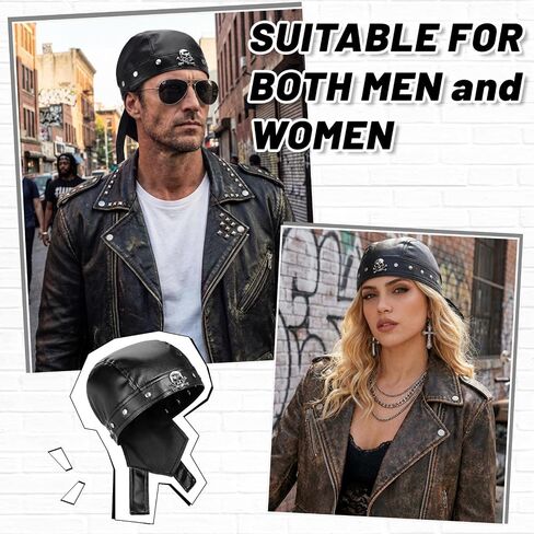 Glitopper Leather Biker Skull Cap for Women, PU Adjustable Motorcycle Doo Rag Head Wrap with Snug Fit, Stylish Punk Biker Hat Black in Kuwait
