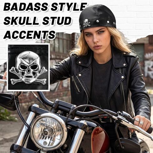 Glitopper Leather Biker Skull Cap for Women, PU Adjustable Motorcycle Doo Rag Head Wrap with Snug Fit, Stylish Punk Biker Hat Black in Kuwait