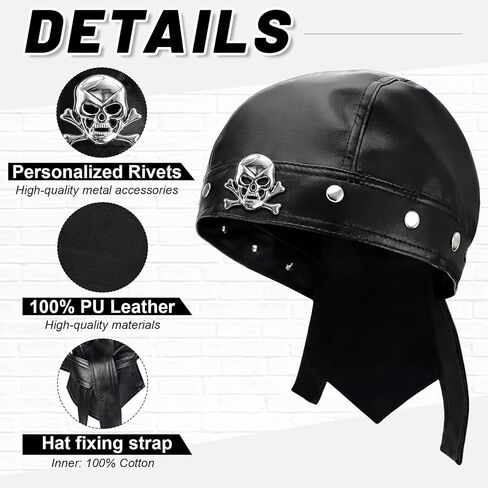 Glitopper Leather Biker Skull Cap for Women, PU Adjustable Motorcycle Doo Rag Head Wrap with Snug Fit, Stylish Punk Biker Hat Black in Kuwait