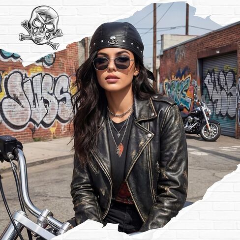 Glitopper Leather Biker Skull Cap for Women, PU Adjustable Motorcycle Doo Rag Head Wrap with Snug Fit, Stylish Punk Biker Hat Black in Kuwait