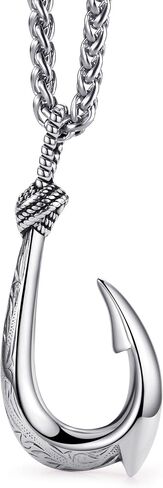 Stainless Steel Fish Hook Necklace for Men, Maui Hook Necklace Nautical Lucky Charm Jewelry Double-Sided 3D Hawaiian Makau Pendant with 24" Wheat Chain in Saudi Arabia