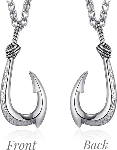 Stainless Steel Fish Hook Necklace for Men, Maui Hook Necklace Nautical Lucky Charm Jewelry Double-Sided 3D Hawaiian Makau Pendant with 24" Wheat Chain in Saudi Arabia