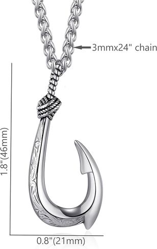 Stainless Steel Fish Hook Necklace for Men, Maui Hook Necklace Nautical Lucky Charm Jewelry Double-Sided 3D Hawaiian Makau Pendant with 24" Wheat Chain in Saudi Arabia