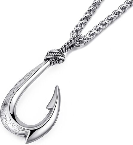 Stainless Steel Fish Hook Necklace for Men, Maui Hook Necklace Nautical Lucky Charm Jewelry Double-Sided 3D Hawaiian Makau Pendant with 24" Wheat Chain in Saudi Arabia