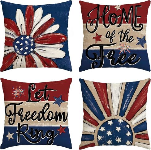 AVOIN colorlife Let Freedom Ring Stars Fireworks أحمر أبيض زهرة رمي أغطية وسائد، 40.64 × 40.64 سم، الرابع من يوليو، يوم الاستقلال الوطني التذكاري، علم الولايات المتحدة الأمريكية، غطاء وسادة لأريكة الأريكة، مجموعة من 4 in Kuwait