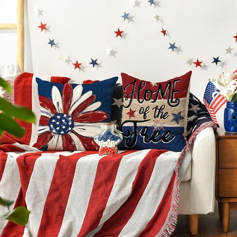 AVOIN colorlife Let Freedom Ring Stars Fireworks أحمر أبيض زهرة رمي أغطية وسائد، 40.64 × 40.64 سم، الرابع من يوليو، يوم الاستقلال الوطني التذكاري، علم الولايات المتحدة الأمريكية، غطاء وسادة لأريكة الأريكة، مجموعة من 4 in Kuwait
