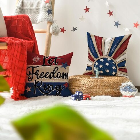AVOIN colorlife Let Freedom Ring Stars Fireworks أحمر أبيض زهرة رمي أغطية وسائد، 40.64 × 40.64 سم، الرابع من يوليو، يوم الاستقلال الوطني التذكاري، علم الولايات المتحدة الأمريكية، غطاء وسادة لأريكة الأريكة، مجموعة من 4 in Kuwait