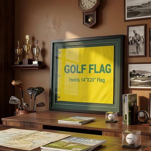 Golf Flag Frame 18x24 for 14x20 Pin Flags, Black Solid Wood Golf Memorabilia Display Case with Double-Layer Floating Mat, No-Hook Wall Mount Shadow Box, Golf Gift for Men (Flag Not Included) in Saudi Arabia