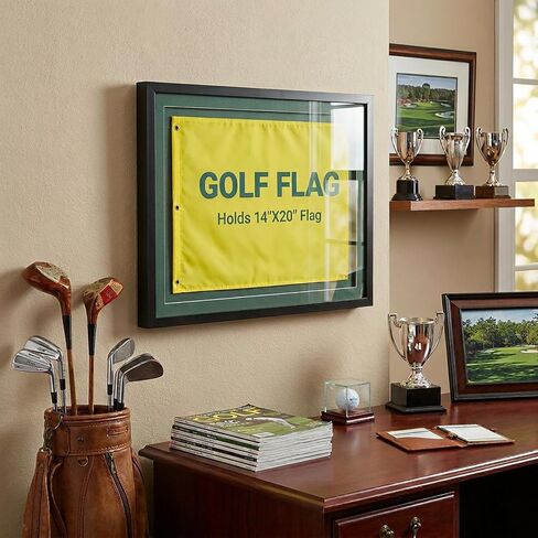 Golf Flag Frame 18x24 for 14x20 Pin Flags, Black Solid Wood Golf Memorabilia Display Case with Double-Layer Floating Mat, No-Hook Wall Mount Shadow Box, Golf Gift for Men (Flag Not Included) in Saudi Arabia